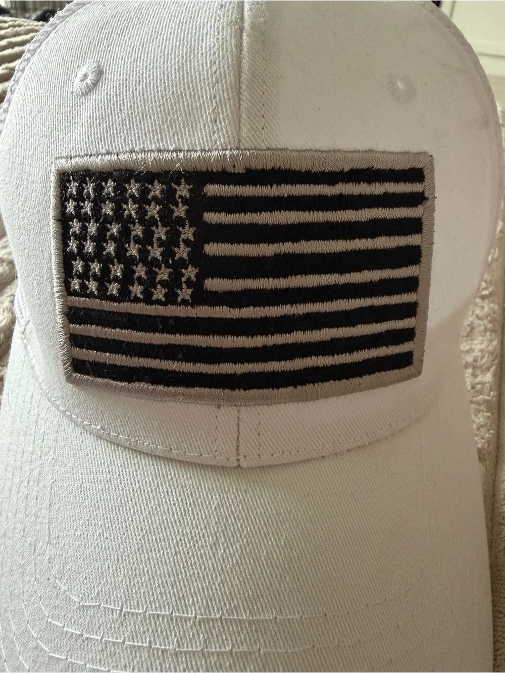 Men's White Baseball Cap with Black & White American Flag Patch